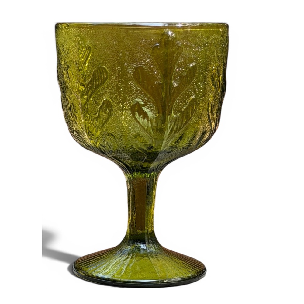 Vintage 1975 FTD Oak Leaf Goblet Avocado Green Pressed Glass Footed Wine Water